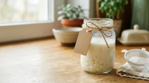 Tarro de kéfir de leche con una etiqueta atada al cuello, como una mascota.