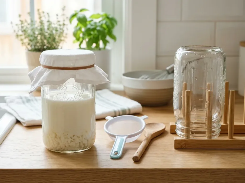 Dos tarros para cuidar el kéfir: uno fermentando y otro limpio secándose.